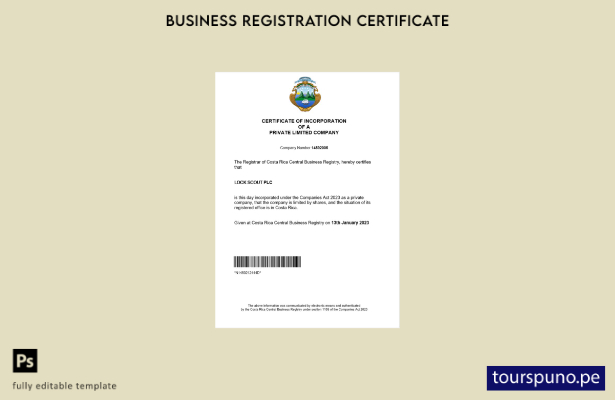 listo para imprimir certificado de registro de Costa Rica plantilla Word y PDF